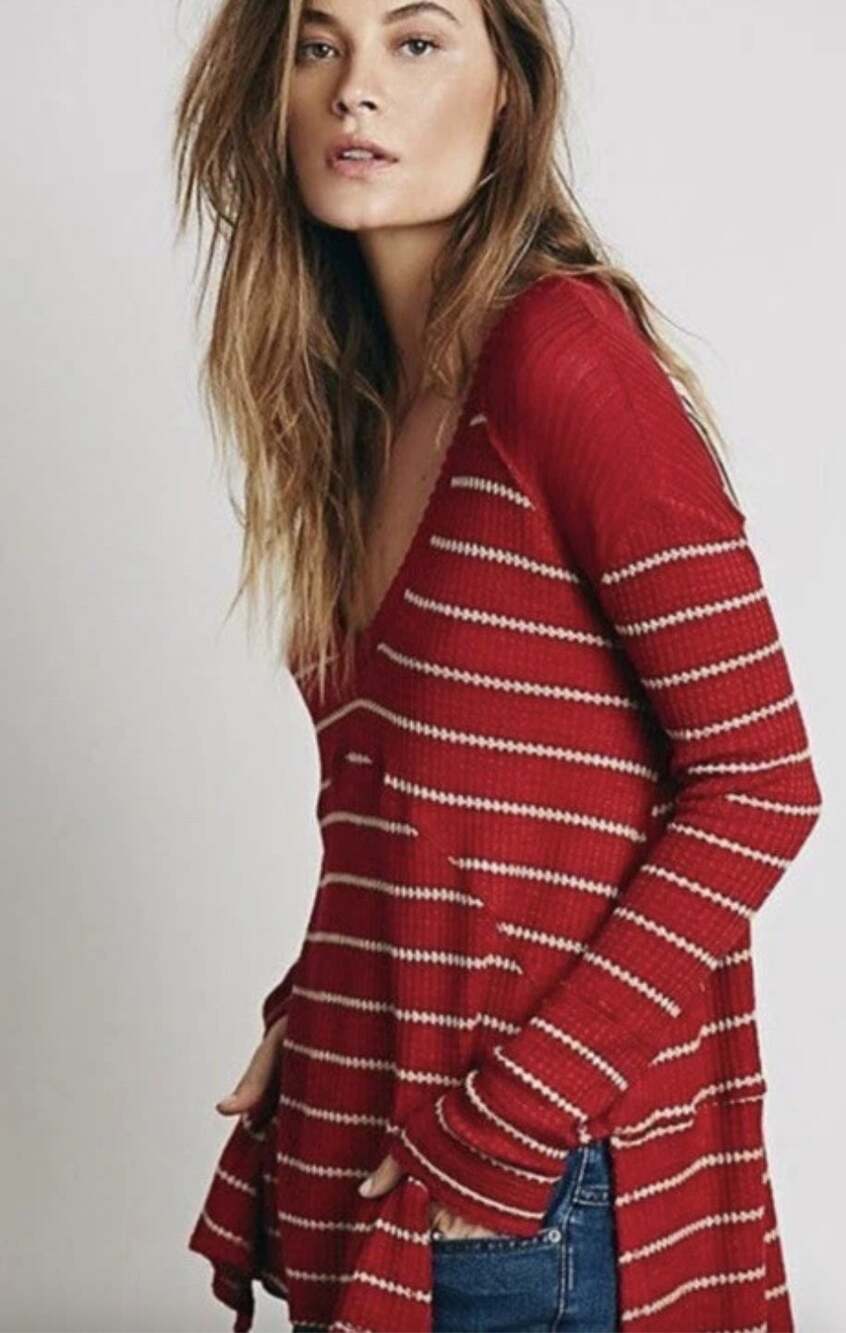 Free People Sunset Park Red Striped Thermal Long Sleeve Size Large